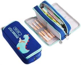 img 4 attached to ISuperb Large Capacity Pencil Case Canvas Cute Stationery Organizer Storage Pouch 3 Compartments Zipper Pencil Bag Cosmetic Bag For Women(Dinosaur Dark Blue)