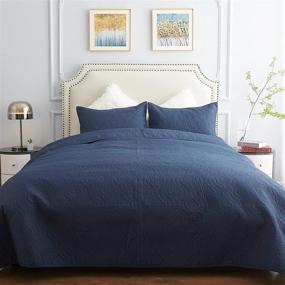 img 3 attached to Premium 3-Piece Quilt Set: King/ Cal King Size, Reversible Comforter Bedding 🌸 Cover with Microfiber Flower Pattern - Navy Blue, Lightweight Bedding Set for All Seasons