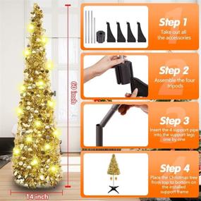 img 3 attached to 🎄 Shimmering 5Ft Christmas Tinsel Tree: Pop Up Collapsible Gold Pencil Tree with 50 LED Warm Lights - Perfect for Home, Office, Shop and Holiday Party Decorations