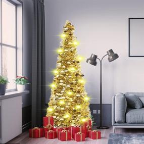 img 1 attached to 🎄 Shimmering 5Ft Christmas Tinsel Tree: Pop Up Collapsible Gold Pencil Tree with 50 LED Warm Lights - Perfect for Home, Office, Shop and Holiday Party Decorations