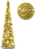 🎄 shimmering 5ft christmas tinsel tree: pop up collapsible gold pencil tree with 50 led warm lights - perfect for home, office, shop and holiday party decorations логотип