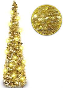 img 4 attached to 🎄 Shimmering 5Ft Christmas Tinsel Tree: Pop Up Collapsible Gold Pencil Tree with 50 LED Warm Lights - Perfect for Home, Office, Shop and Holiday Party Decorations