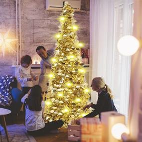 img 2 attached to 🎄 Shimmering 5Ft Christmas Tinsel Tree: Pop Up Collapsible Gold Pencil Tree with 50 LED Warm Lights - Perfect for Home, Office, Shop and Holiday Party Decorations