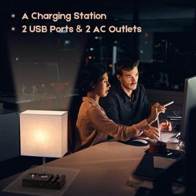 img 1 attached to 💡 Dimmable Table Lamp with Dual USB Port and Power Outlets - EVISTR Bedside Lamp for Bedroom or Living Room, Nightstand Desk Lamps with Charging Station, Fabric Lampshade and LED Bulb Included (Black/Beige)