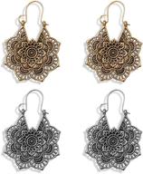 🌼 vintage ethnic summer hollow earrings with mandala flower design - drop dangle earring for women and girls - tribal hollow floral pendant earrings - set of 2 - pendientes logo