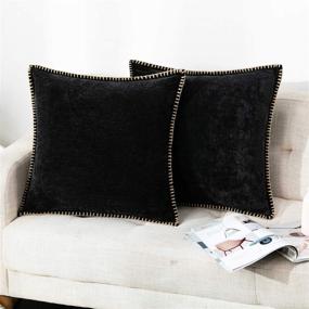 img 2 attached to 🛋️ Farmhouse Chenille Velvet Trimmed Edge Throw Pillow Covers 18x18 Inch Set of 2 for Couch Sofa - DecorUhome Black Decorative Pillow Cases