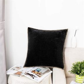 img 1 attached to 🛋️ Farmhouse Chenille Velvet Trimmed Edge Throw Pillow Covers 18x18 Inch Set of 2 for Couch Sofa - DecorUhome Black Decorative Pillow Cases