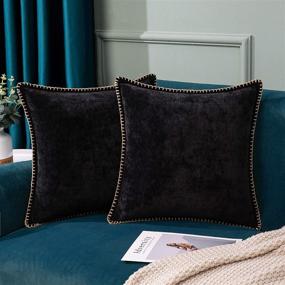 img 3 attached to 🛋️ Farmhouse Chenille Velvet Trimmed Edge Throw Pillow Covers 18x18 Inch Set of 2 for Couch Sofa - DecorUhome Black Decorative Pillow Cases