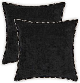 img 4 attached to 🛋️ Farmhouse Chenille Velvet Trimmed Edge Throw Pillow Covers 18x18 Inch Set of 2 for Couch Sofa - DecorUhome Black Decorative Pillow Cases