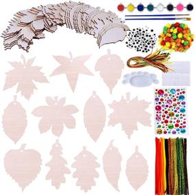 img 1 attached to 🍂 36 Sets Hanging Fall Leaves Wooden Ornaments Craft Kit – Paintable Unfinished Wood Maple Oak Leaf Cutouts with Pom-Poms, Wiggle Googly Eyes for Kids Classroom Autumn Thanksgiving Halloween Party Decoration