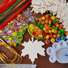 img 3 attached to 🍂 36 Sets Hanging Fall Leaves Wooden Ornaments Craft Kit – Paintable Unfinished Wood Maple Oak Leaf Cutouts with Pom-Poms, Wiggle Googly Eyes for Kids Classroom Autumn Thanksgiving Halloween Party Decoration