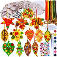 🍂 36 sets hanging fall leaves wooden ornaments craft kit – paintable unfinished wood maple oak leaf cutouts with pom-poms, wiggle googly eyes for kids classroom autumn thanksgiving halloween party decoration logo