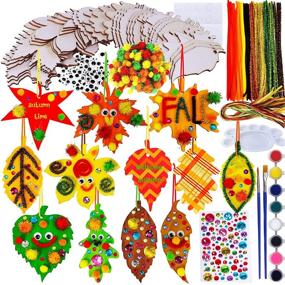 img 4 attached to 🍂 36 Sets Hanging Fall Leaves Wooden Ornaments Craft Kit – Paintable Unfinished Wood Maple Oak Leaf Cutouts with Pom-Poms, Wiggle Googly Eyes for Kids Classroom Autumn Thanksgiving Halloween Party Decoration