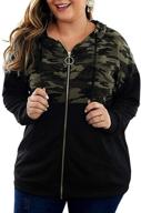 stylish plus size women's hooded sweatshirt with camo patchwork, long sleeve, full zipper, drawstring, and pocket logo