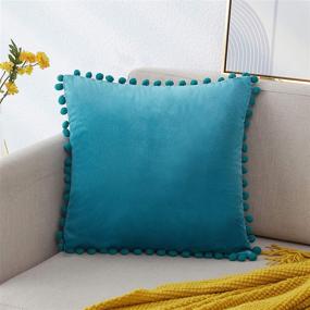 img 3 attached to 🛋️ Velvet Throw Pillow Covers 18x18 with Pom Poms Trim for Couch Bed - Set of 2, Teal Blue - Boomfan Boho Decor