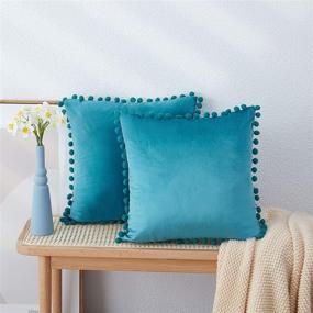 img 4 attached to 🛋️ Velvet Throw Pillow Covers 18x18 with Pom Poms Trim for Couch Bed - Set of 2, Teal Blue - Boomfan Boho Decor