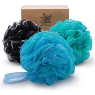 large 75g xl shower loofah sponge bath puff for women, men, kids with soft mesh pouf body scrubber 🛁 - gentle exfoliating shower ball buff luffa with bamboo charcoal for silky and smooth skin cleansing - pack of 3 logo