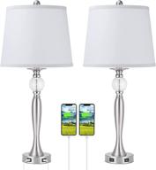 💡 2-pack modern usb metal crystal table lamp set - 28'' h nightstand lamps with 4 usb charging ports, white drum lampshade for living room and bedroom логотип