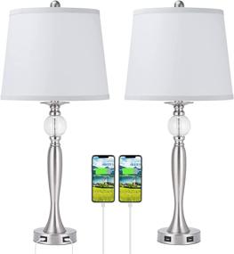 img 2 attached to 💡 2-Pack Modern USB Metal Crystal Table Lamp Set - 28'' H Nightstand Lamps with 4 USB Charging Ports, White Drum Lampshade for Living Room and Bedroom