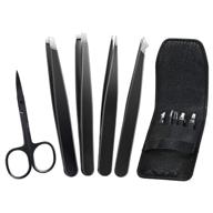 🔧 5pcs eyebrow tweezers set - premium stainless steel tweezers clip with curved scissors for eyebrows, splinters, ingrown hairs - includes leather case - ideal for men & women logo