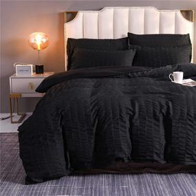 img 4 attached to 🛏️ Seersucker Chic Comforter Set: Hotel Style Bedding for All Seasons - Black, Queen (88-by-88-inches)