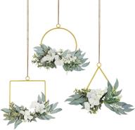 🌸 set of 3 liucogxi artificial flower hoop wreaths - white hydrangea flowers with willow leaf vines on metal ring garland. ideal for front door, wedding backdrop, wall decor, nursery, and home decoration логотип