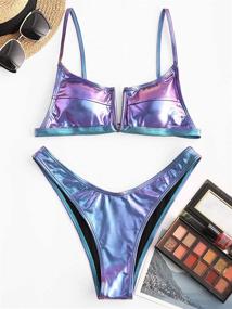 img 3 attached to 👙 ZAFUL Women's Metallic Snakeskin Bandeau Swimsuits: Ribbed Two Piece Bikini Swimwear for a Fashion Statement