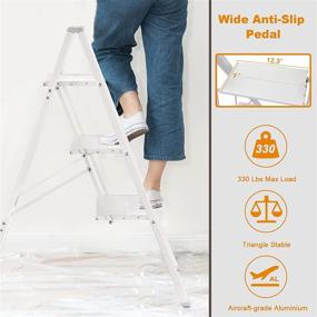 img 2 attached to 🪜 Asoopher 3 Step Ladder - Aluminum Folding Step Stool with Wide Anti-Slip Pedal, 330 lbs Capacity - Lightweight & Portable Stepladder for Household and Office - White