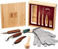 🔪 9pc wood carving tools set with hook, whittling, and detail knives - ideal for spoon, bowl, kuksa cup, and general woodwork - bonus cut-resistant gloves and bamboo box - elemental tools logo