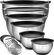 🥣 6-piece stainless steel mixing bowls set with airtight lids, sizes: 5, 4.5, 3, 2.5, 1.5, 1.2 qt, includes 3 grater attachments, measurement marks, non-slip bottoms - ideal for mixing, serving, and storage logo