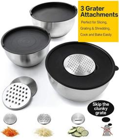 img 2 attached to 🥣 6-Piece Stainless Steel Mixing Bowls Set with Airtight Lids, Sizes: 5, 4.5, 3, 2.5, 1.5, 1.2 QT, Includes 3 Grater Attachments, Measurement Marks, Non-Slip Bottoms - Ideal for Mixing, Serving, and Storage