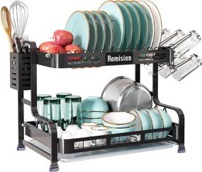 img 4 attached to 🍽️ Efficient 2 Tier Dish Rack: romision Stainless Steel Large Dish Drying Rack with Drainboard Set & Utensil Holder, Cup Holder, Dish Drainer for Kitchen Counter (Black)