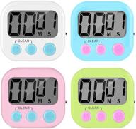 4-pack digital kitchen timer set with on/off switch, large lcd display, loud alarm, magnetic backing & stand - ideal classroom timers for cooking, baking, teachers, kids, and games - compact size (available in 4 colors) logo