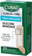 curad truly ouchless silicone adhesive bandages: gentle, skin-friendly fabric bandages for delicate or sensitive skin, 0.75 x 3 inches, 20 count логотип