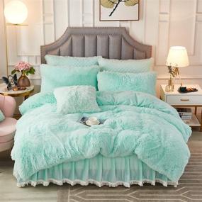 img 3 attached to 🛏️ JAUXIO Luxury Long Faux Fur 3 PCS Bedding Set: Shaggy Comforter, Duvet Cover, and Pillow Shams - Ultra Soft Crystal Velvet Reverse for Queen Size Bed - Aqua