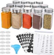 aozita 14 pcs glass spice jars: 4oz square bottles with labels, shaker lids, airtight metal caps - complete set with chalk marker & silicone collapsible funnel logo