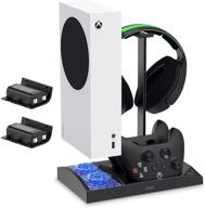 enhanced vertical cooling fan stand for xbox series s, cooler fan system with dual controller charging dock, 2 x 1400mah rechargeable battery pack, and headphone bracket - black logo