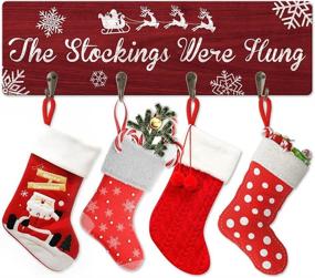 img 4 attached to Merry Christmas Themed Wooden Stocking Holder (15.8”x4.8”): Wall-Mounted Holder with 4 Hooks 🎅 and Decorative Wooden Merry Christmas Sign - Perfect Gift for Wall, Entryway, and Hallway Décor