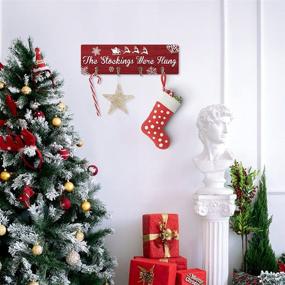 img 3 attached to Merry Christmas Themed Wooden Stocking Holder (15.8”x4.8”): Wall-Mounted Holder with 4 Hooks 🎅 and Decorative Wooden Merry Christmas Sign - Perfect Gift for Wall, Entryway, and Hallway Décor