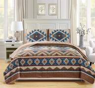 🛏️ king / california king oversized bedspread quilt set - rustic western southwestern native american tribal navajo design in natural tones of beige, taupe, brown, blue, and green logo