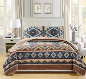 img 1 attached to 🛏️ King / California King Oversized Bedspread Quilt Set - Rustic Western Southwestern Native American Tribal Navajo Design in Natural Tones of Beige, Taupe, Brown, Blue, and Green