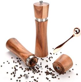 img 1 attached to Acadia Wood Salt and Pepper Grinder Set with Wood Tray - Manual Pepper Mill and Salt 🌲 Grinder Set with Rose Gold Scoop, Cleaning Brush, Funnel - 8in Salt and Pepper Gift Set of 2