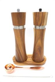 img 4 attached to Acadia Wood Salt and Pepper Grinder Set with Wood Tray - Manual Pepper Mill and Salt 🌲 Grinder Set with Rose Gold Scoop, Cleaning Brush, Funnel - 8in Salt and Pepper Gift Set of 2