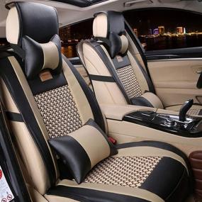 img 4 attached to Улучшите комфорт и защитите сиденья вашего автомобиля с помощью накладок на сиденья автомобиля из PU кожи FuriAuto - полный комплект для 5 сидений - использование круглый год (хаки черный).