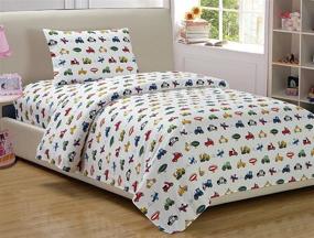 img 1 attached to Linen Plus Full Size Sheet Set for Boys/Teens - Trucks, Cars, Tractors, Police Cars, Airplanes, Balloons - White, Yellow, Red, Green, Blue - Including Flat Sheet, Fitted Sheet, and Pillow Cases - Brand New