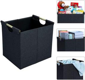 img 3 attached to 📦 HOONEX Collapsible Storage Bins - Set of 3: 13x13x13in Linen Fabric Storage Cubes with Wooden Carry Handles and Sturdy Heavy Cardboard - Ideal for Home, Office, Car, Nursery - Black