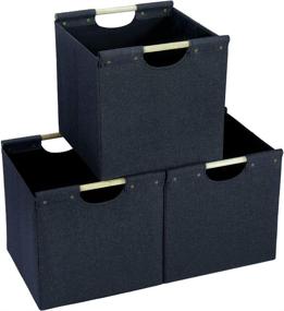 img 4 attached to 📦 HOONEX Collapsible Storage Bins - Set of 3: 13x13x13in Linen Fabric Storage Cubes with Wooden Carry Handles and Sturdy Heavy Cardboard - Ideal for Home, Office, Car, Nursery - Black