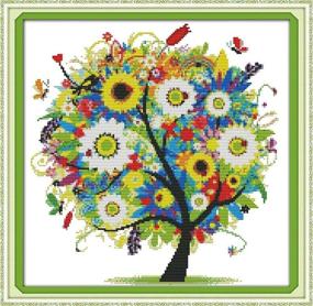 img 4 attached to 🌸 Benway Colorful Lucky Tree Flowers Cross Stitch Kit - 14 Count, 15''x15''