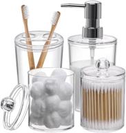 plastic clear bathroom accessories set - soap dispenser, 2 qtip holder jars, toothbrush holder & more! logo