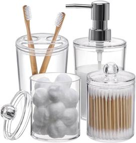 img 4 attached to Plastic Clear Bathroom Accessories Set - Soap Dispenser, 2 Qtip Holder Jars, Toothbrush Holder & More!